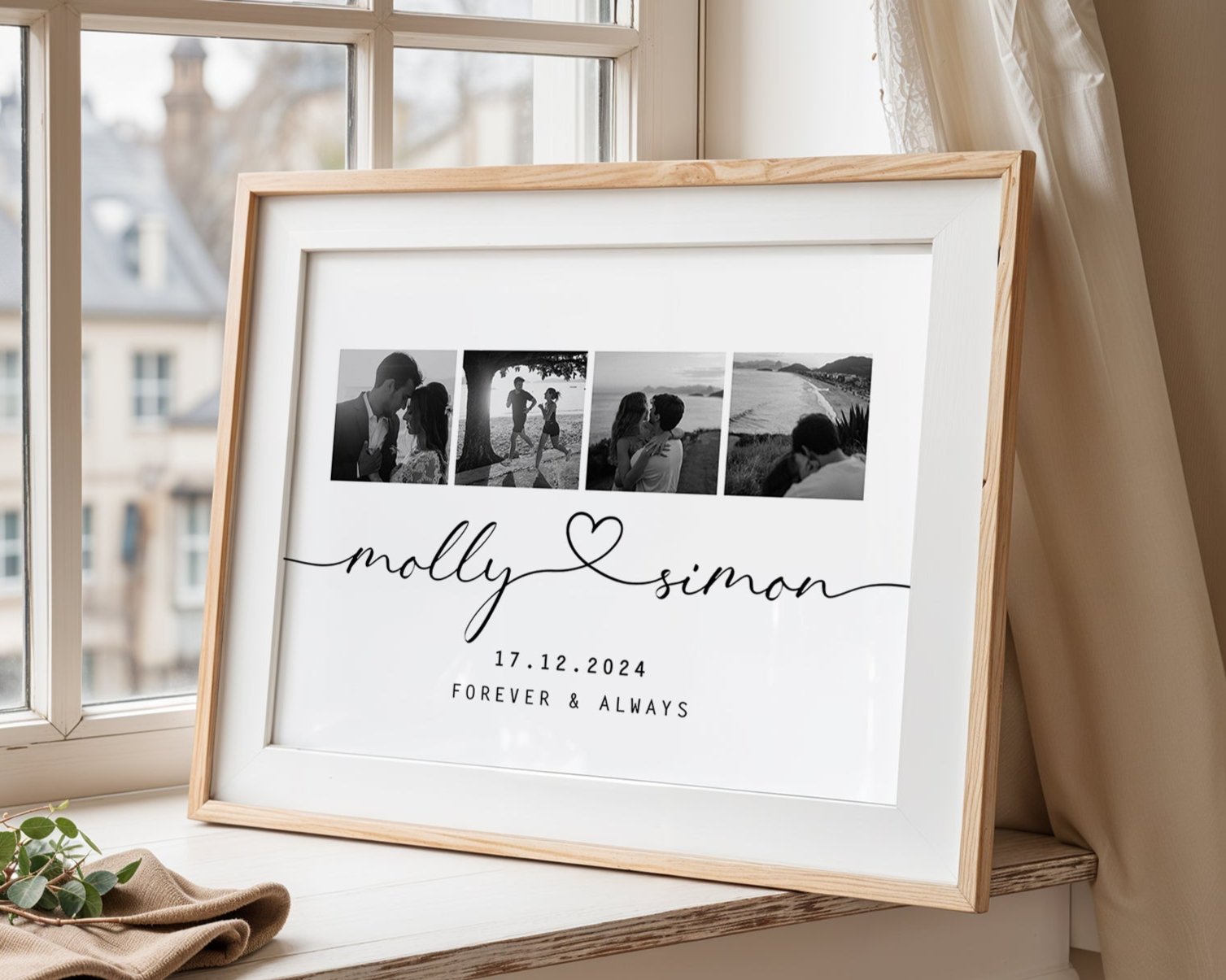 Personalised Photo Collage Heart Linked Names Print