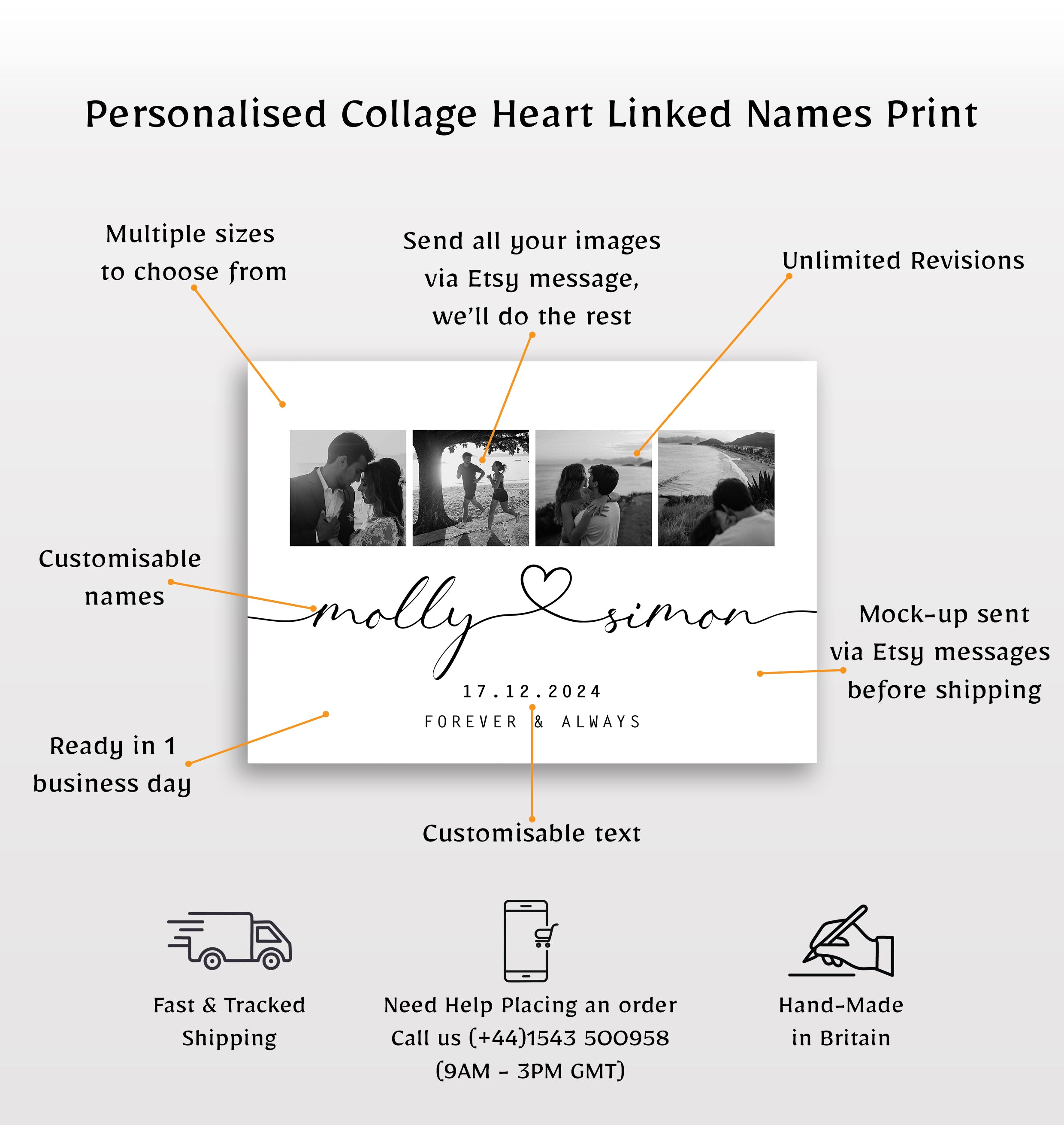Personalised Photo Collage Heart Linked Names Print